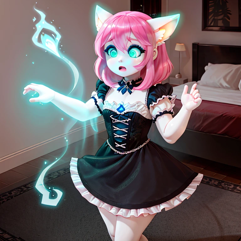 shocked porcelain doll in gothic make up with white skin long Pink hairs with Blue Highlights and glowing Green eyes wearing gothic clothes looking at her body there are some traces of magic floating around her she is in a bedroom
