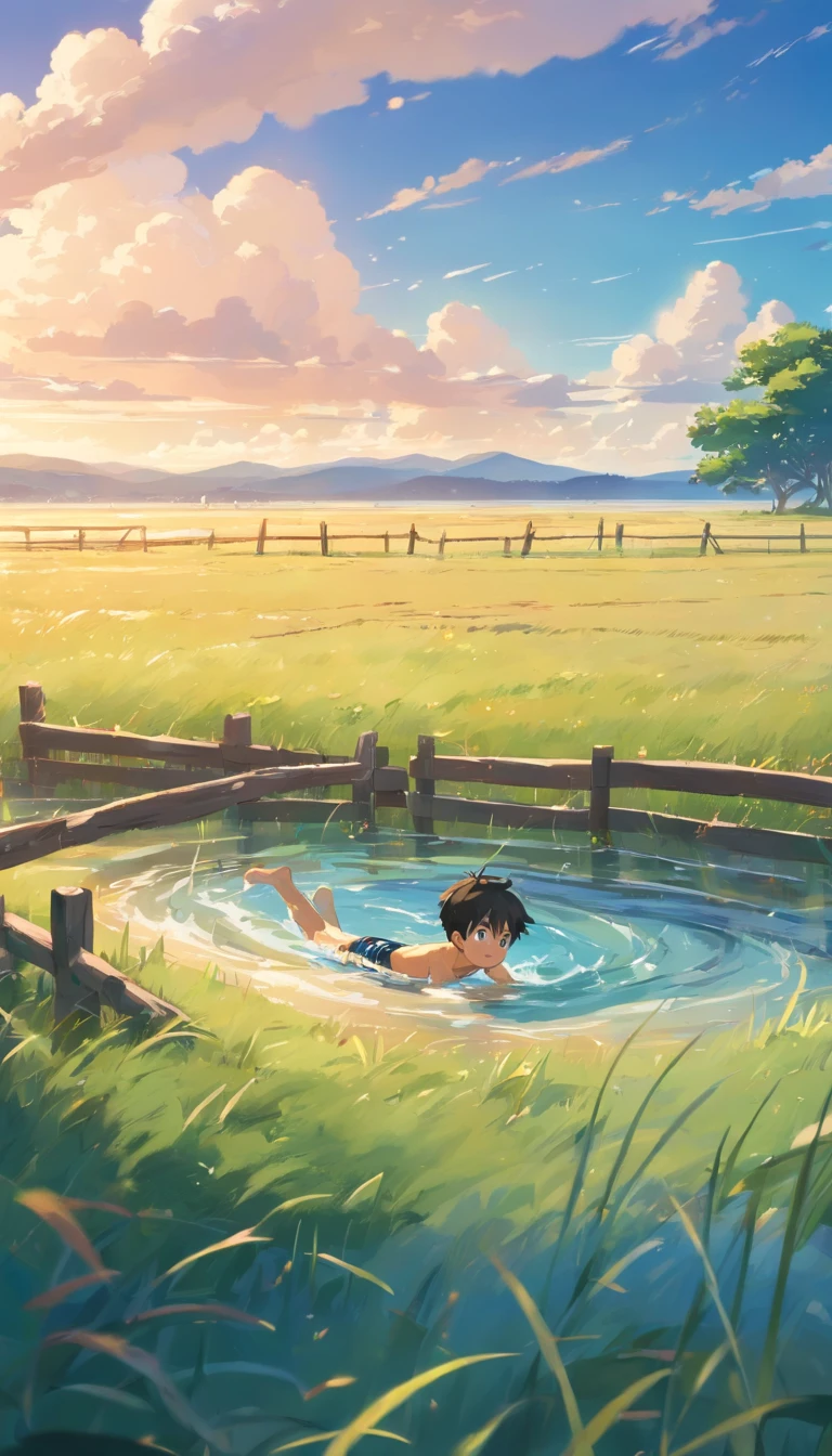 boy swimming in a little pound on a flat grassland with wooden fence, warm day, cloudy sky, 8k