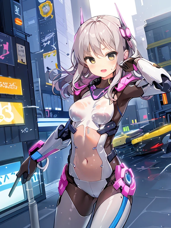 ((masterpiece:1.4、highest quality))+、(super detailed)+、
1 girl、cyberpunk city、flat chest、wavy hair、mecha clothes、(robot girl)、Cool move、Silver Bodysuit、colorful background、Wet day、(lightning effect)、Silver Dragon Armor、(cold face)、cowboy shot、pretty girl