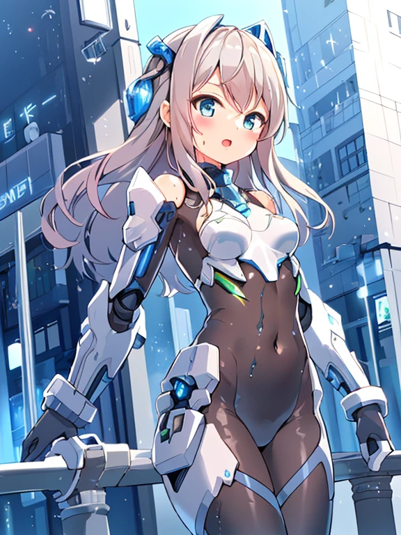 ((masterpiece:1.4、highest quality))+、(super detailed)+、
1 girl、cyberpunk city、flat chest、wavy hair、mecha clothes、(robot girl)、Cool move、Silver Bodysuit、colorful background、Wet day、(lightning effect)、Silver Dragon Armor、(cold face)、cowboy shot、pretty girl