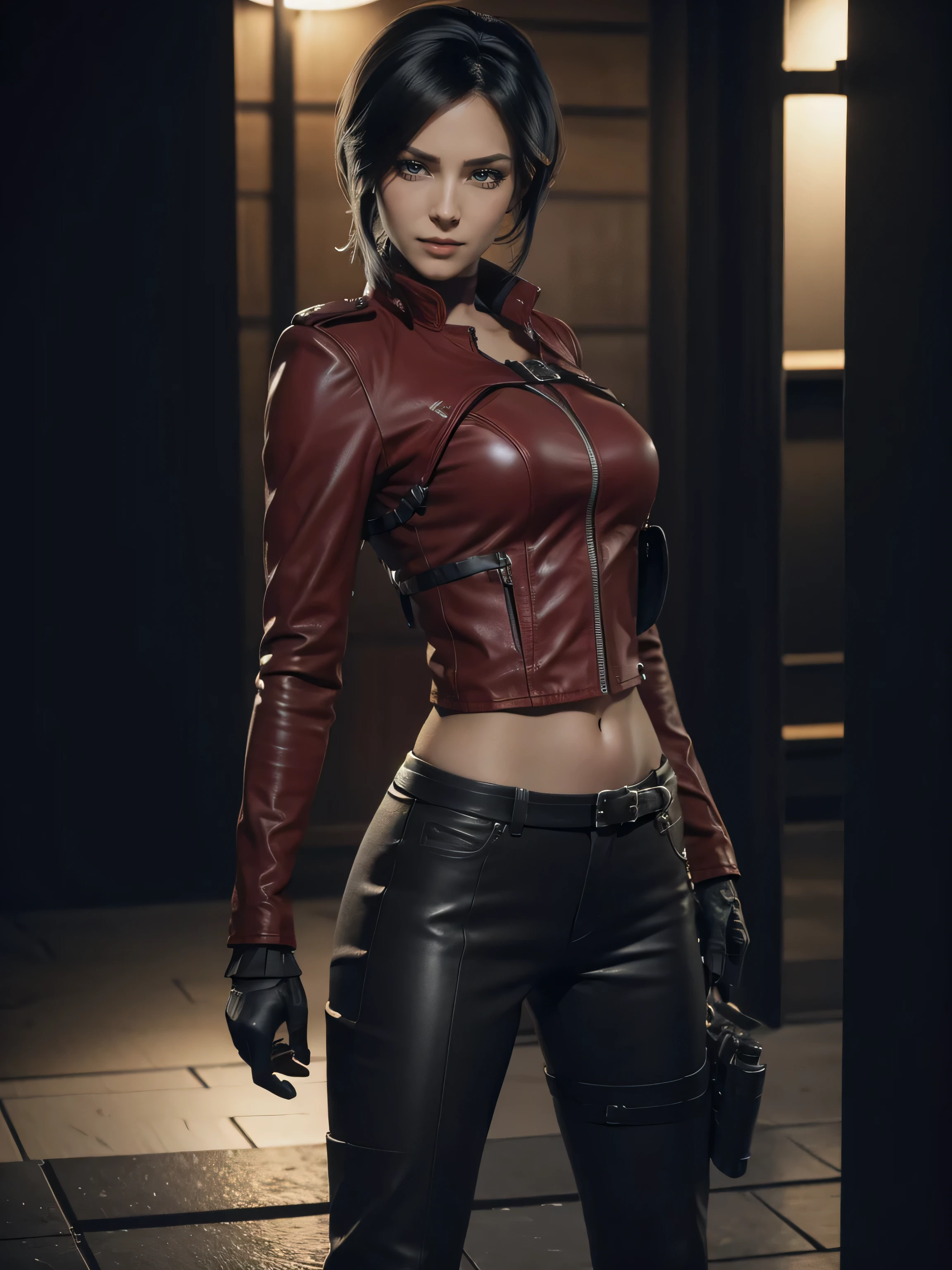 a beautiful 25 years old British female vampire mercenary with short black hair, pale skin, wearing red leather jacket and black tight pants, holding dual handguns, view from front, waist up shot, dynamic pose, ambient lighting, photo realism, intricate face detail, intricate hand details, highly detailed, vibrant colors, cinematic, high definition, trending on Artstation--style raw