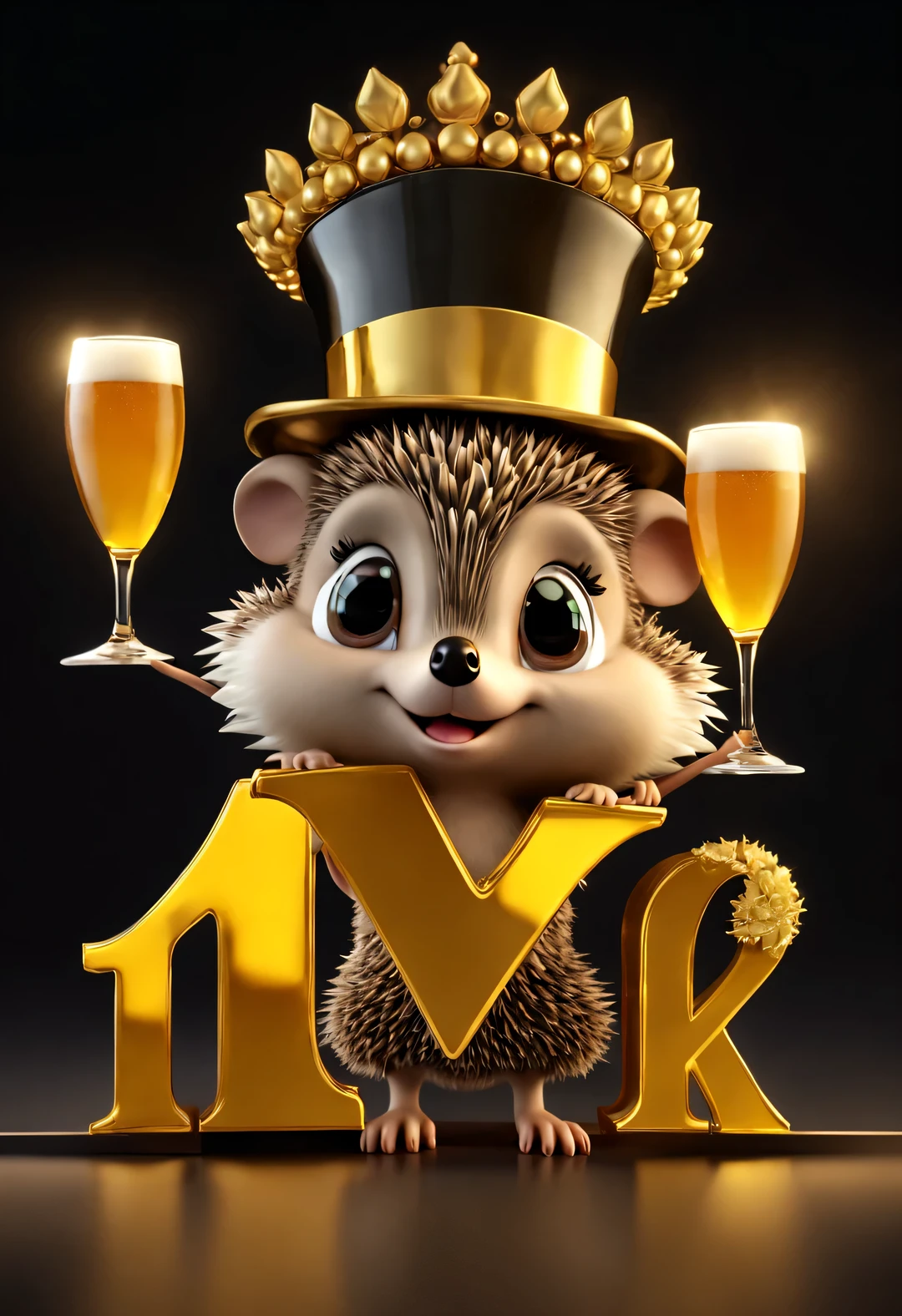 (Kawaii cartoon hedgehog wearing top hat，Wear evening dresses，Holding an oversized beer mug in hand), (Bow to the camera), (There are huge golden letters on the table "1K": 1.2), many, many large beer glasses, champagne bottle,
tilt and move, cartoon, illustration, 3d rendering,