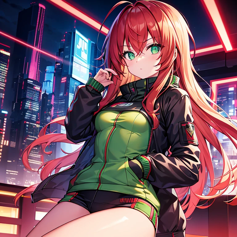 Beautiful girl's small breasts, Wearing a sturdy jacket, long hair, Machine arm of cyberpunk night view, Cyberpunk red-green background