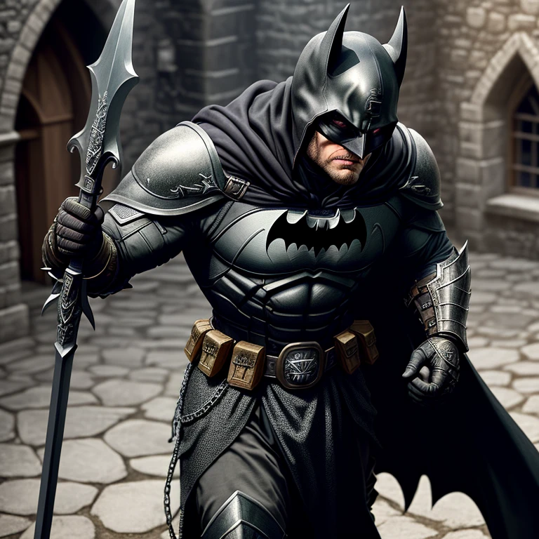 Medieval Batman, (1hero), (An intriguing image of Batman in a medieval setting), in focus, photo, (stylized realism), (full body shot), brooding, bat-symbol on chest, armor-plated suit, hooded cape, (detailed facial features), sharp jawline, muscular build, (gritty and textured), dark and moody, (high contrast), high quality, 4K, (detailed armor design), (realistic, grunge: 1.2), medieval bat emblem, chainmail, steel chain, long sword, crossbow, torchlight, (in the courtyard of a medieval castle), (intense and mysterious