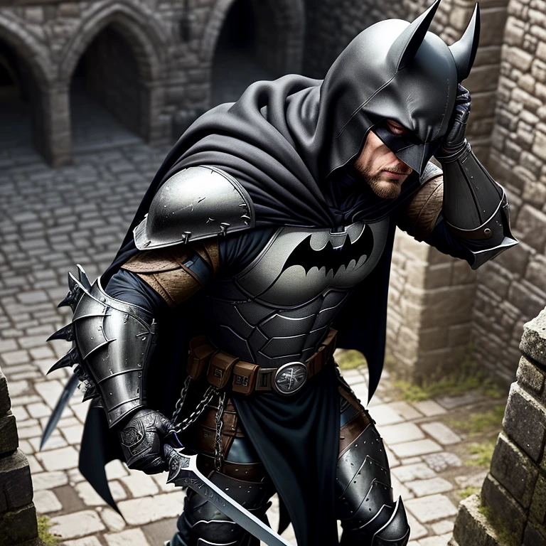 Medieval Batman, (1hero), (An intriguing image of Batman in a medieval setting), in focus, photo, (stylized realism), (full body shot), brooding, bat-symbol on chest, armor-plated suit, hooded cape, (detailed facial features), sharp jawline, muscular build, (gritty and textured), dark and moody, (high contrast), high quality, 4K, (detailed armor design), (realistic, grunge: 1.2), medieval bat emblem, chainmail, steel chain, long sword, crossbow, torchlight, (in the courtyard of a medieval castle), (intense and mysterious