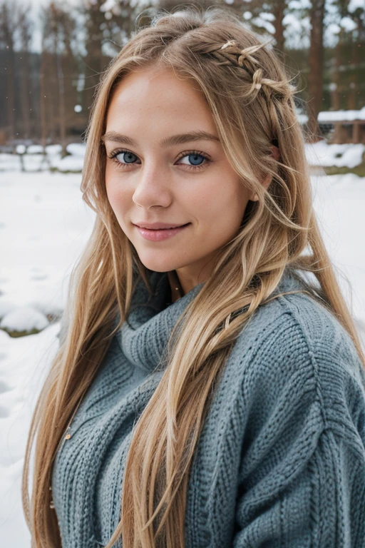 Professional portrait photography of a beautiful Norwegian girl in winter clothes with long, welligen blonden Haaren, smiling, sensual seductive look, Sommersprosse, beautiful symmetrical face, riesiger Busen, cute natural makeup, Tragen Sie elegante warme Winterkleidung, stand outside in nature