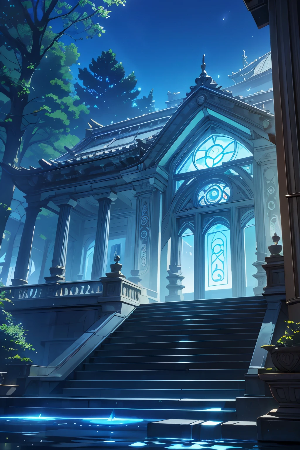 Magical Capital's academia facade, (((morning))), synthesis of solar-punk and traditional Japanese aesthetics, enchanting holographic runes shimmer on grand entrance gates, leading to floating spires adorned with neon-lit carvings and futuristic displays, the entrance courtyard, guarded by animated stone golems, botanical marvel with ((bioluminescent flowers)), fountains powered by solar energy, magically illuminated by solar windows, such seamless fusion extends to the stonework, where alchemical symbols intertwine with modern designs, symbolizing the harmony between ancient arts and cutting-edge technology, Waterfalls flow from levitating fountains, a magical spectacle blending the powers of nature and renewable energy. (Ancient trees form natural arches), their branches adorned with LED lights that change hues with the seasons