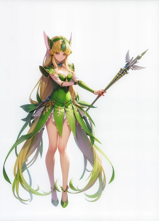 Anime character wearing green and white clothes，Holding a flower and a magic wand, Fairy Queen of the Summer Forest, Forest elves, forest fairy, Elf girl in floral suit, beautiful elegant dryad, Can be used all over the body, Forest tree spirit, nature goddess, humanoid flora, Non-dual God of Spring, goddess of the forest, elf character