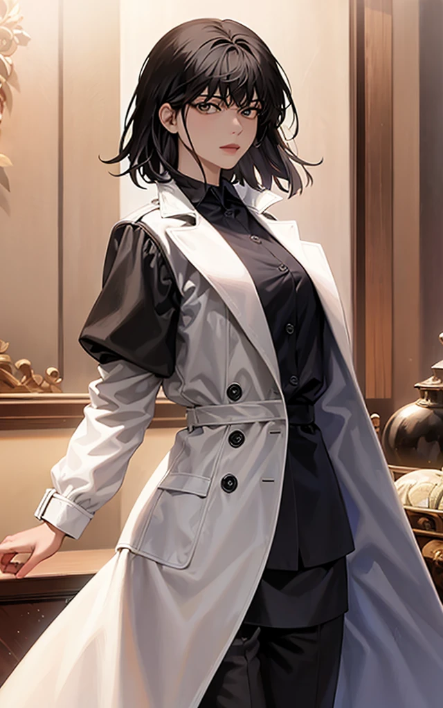 (masterpiece, best quality:1.2), intricate details, han sooyoung, 1girl, bangs, white coat, black shirt, long sleeves