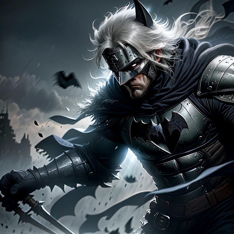 Medieval Batman, (1hero), (An intriguing image of Batman in a medieval setting), in focus, photo, (stylized realism), (full body shot), brooding, bat-symbol on chest, armor-plated suit, hooded cape, (detailed facial features), sharp jawline, muscular build, (gritty and textured), dark and moody, (high contrast), high quality, 4K, (detailed armor design), (realistic, grunge: 1.2), medieval bat emblem, chainmail, steel chain, long sword, crossbow, torchlight, (in the courtyard of a medieval castle), (intense and mysterious