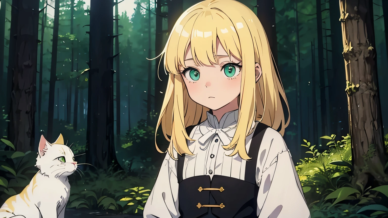 In a dark forest, a white cat with yellow stripes and a yellow spot on her face and an 8--old l with simple medieval clothes, blond hair and sad sea-green eyes. Anime style.