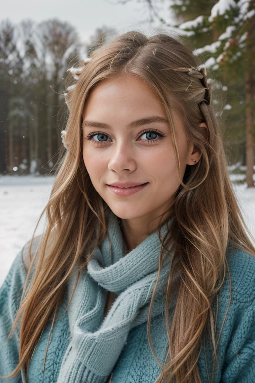 Professional portrait photography of a beautiful Norwegian girl in winter clothes with ((((langen)))), welligen blonden Haaren, smiling, sensual seductive look, Sommersprosse, beautiful symmetrical face, (((riesiger Busen))), cute natural makeup, Tragen Sie elegante warme Winterkleidung, stand outside in nature