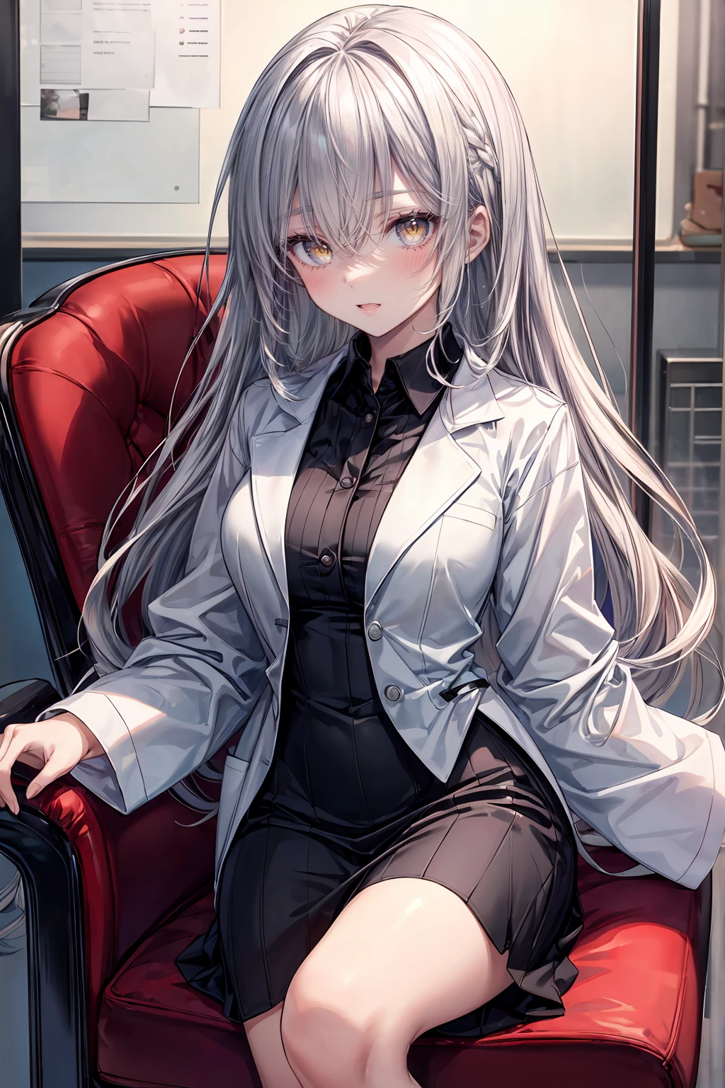 ((8Kmasterpiece,highest quality)), ultra high resolution, (masterpiece: 1.4), hyper detail, (((1 girl))),beautiful and delicate eyes,(yellow eyes),Big eyes,shining eyes of light,Thin and long eyelashes,detailed light,beautiful face,((silver hair)),((long hair)),(white suit),black tights,((Dress like a female doctor)),red hair,(hospital),fearless smile,(please open your mouth wide),Sitting in a chair,looking at the viewer, slender body,My are very big 
