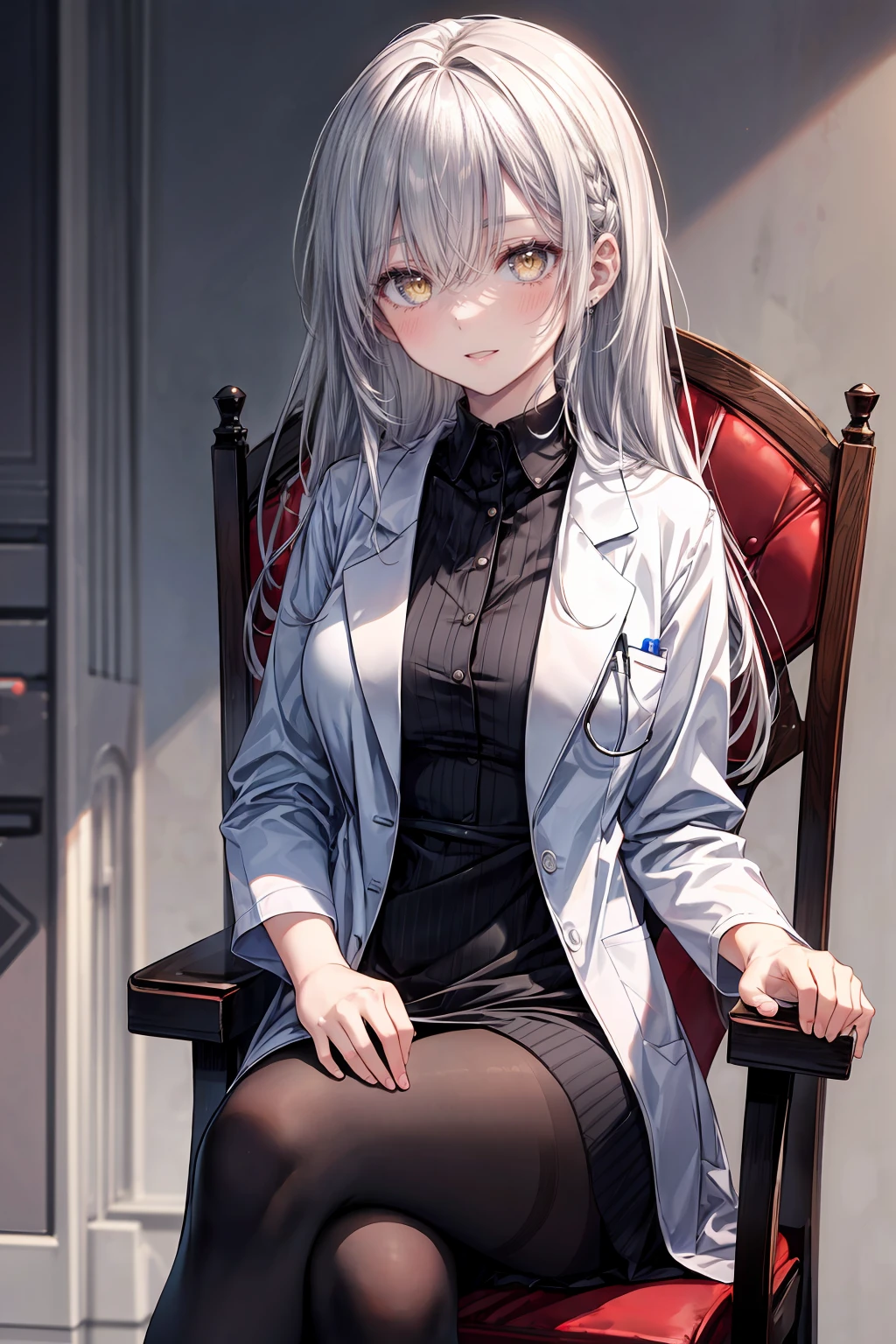 ((8Kmasterpiece,highest quality)), ultra high resolution, (masterpiece: 1.4), hyper detail, (((1 girl))),beautiful and delicate eyes,(yellow eyes),Big eyes,shining eyes of light,Thin and long eyelashes,detailed light,beautiful face,((silver hair)),((long hair)),(white suit),black tights,((Dress like a female doctor)),red hair,(hospital),fearless smile,(please open your mouth wide),Sitting in a chair,looking at the viewer, slender body,My are very big