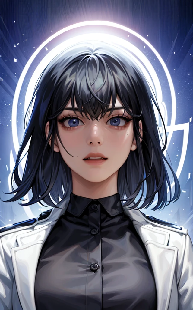(masterpiece, best quality:1.2), intricate details, han sooyoung, 1girl, bangs, white coat, black shirt, long sleeves, (shirt, tie, pants:0.5) (detailed realistic face), (((hyperdetailed))), zoomed out, symmetrical face, detailed pupil, expressive eyes, makeup, real photography, modern look, Real photography (Realisitc:1.5)