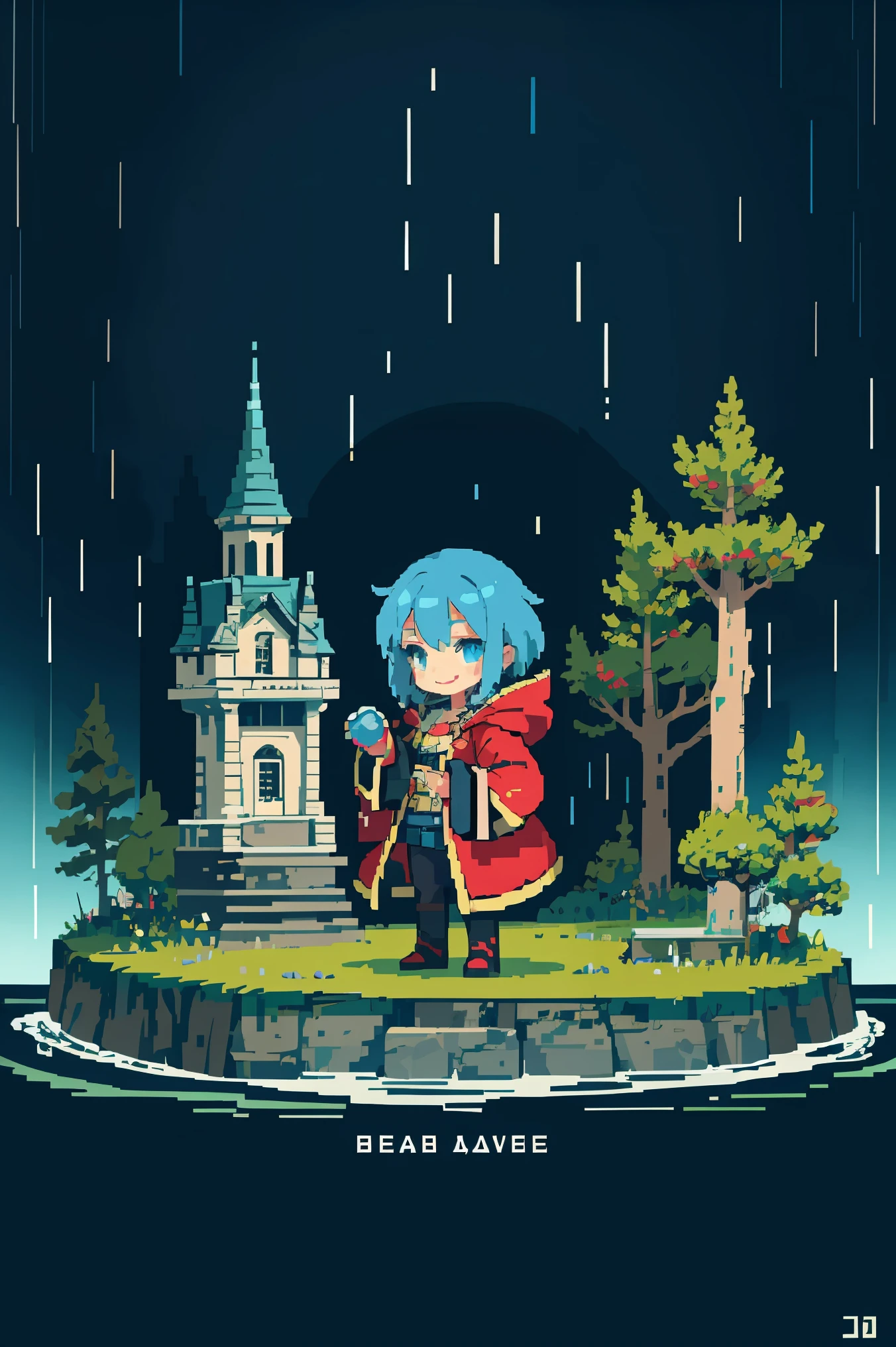 pixel, pixel art, 1girl, short hair, blue hair, body, smile, cozy, poster, fantasy world, rainy