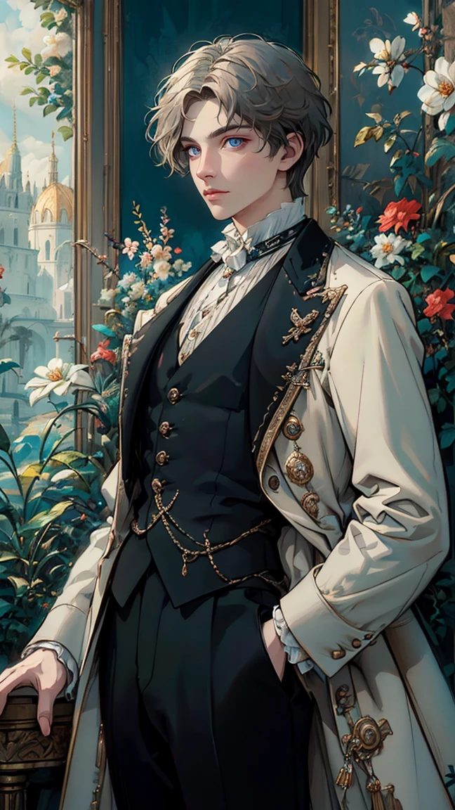 artstudt, (official art, extremely detailed CG unity 8k wallpaper),(1boy:1.3),beautifully detailed eyes, detailed fine nose, detailed fingers, (8k), (best quality), ( masterpiece:1.2), extremely detailed
1 prince, handsome, rococo style, vest, tie, white and black color, flowers, suits, ghile