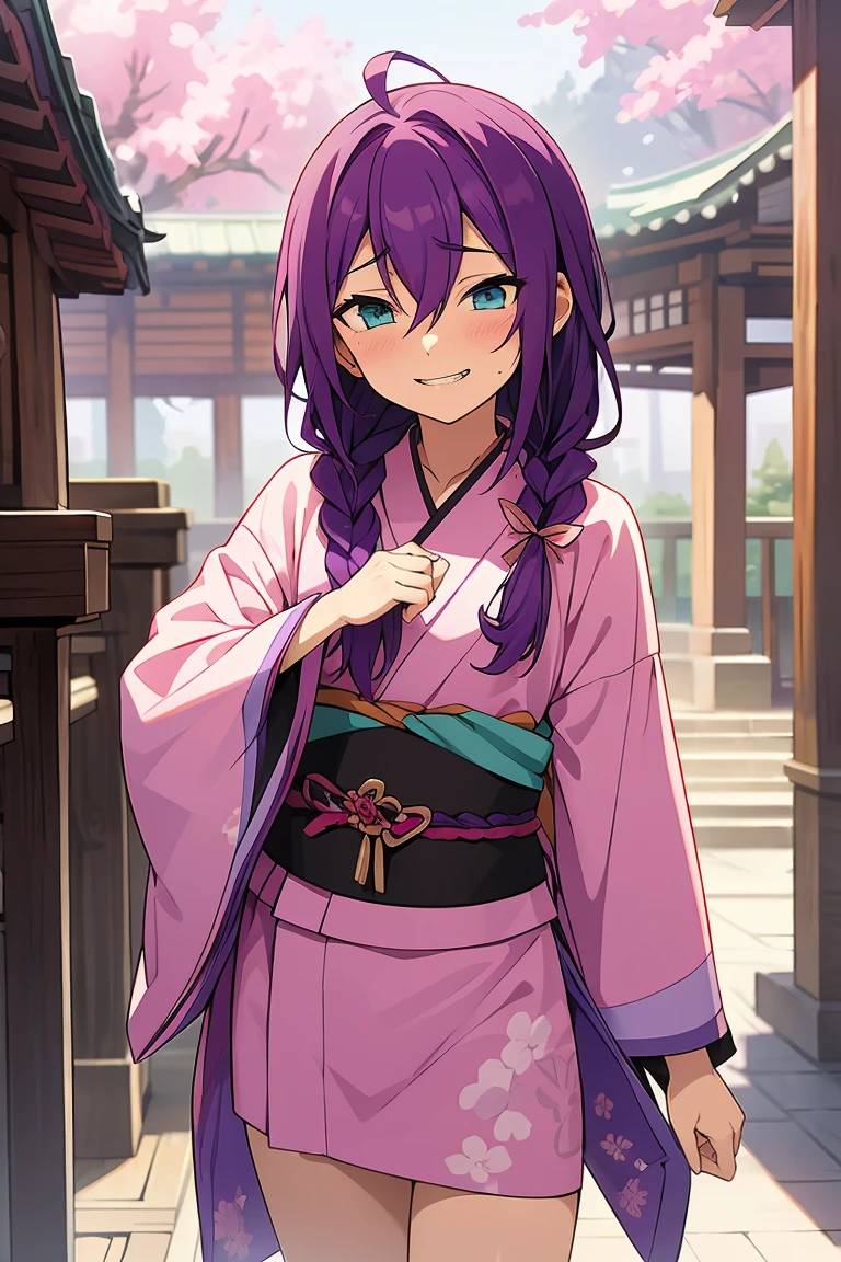 long hair, mole under mouth, purple hair, single braid, hair between eyes, aqua eyes, sharp teeth, ahoge, 1girl, blush, smile, cowboy shot, yukata, flowers, shrine, hatsumode, pink kimono