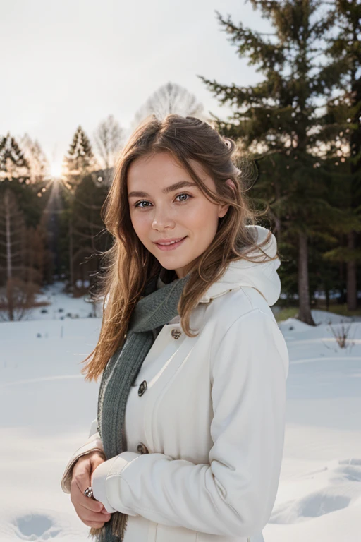 Professional upper body photography of a beautiful Norwegian girl in winter clothes with ((((langen)))), welligen blonden Haaren, smiling, sensual seductive look, Sommersprosse, beautiful symmetrical face, (((riesiger Busen))), cute natural makeup, Tragen Sie elegante warme Winterkleidung, stand outside in nature