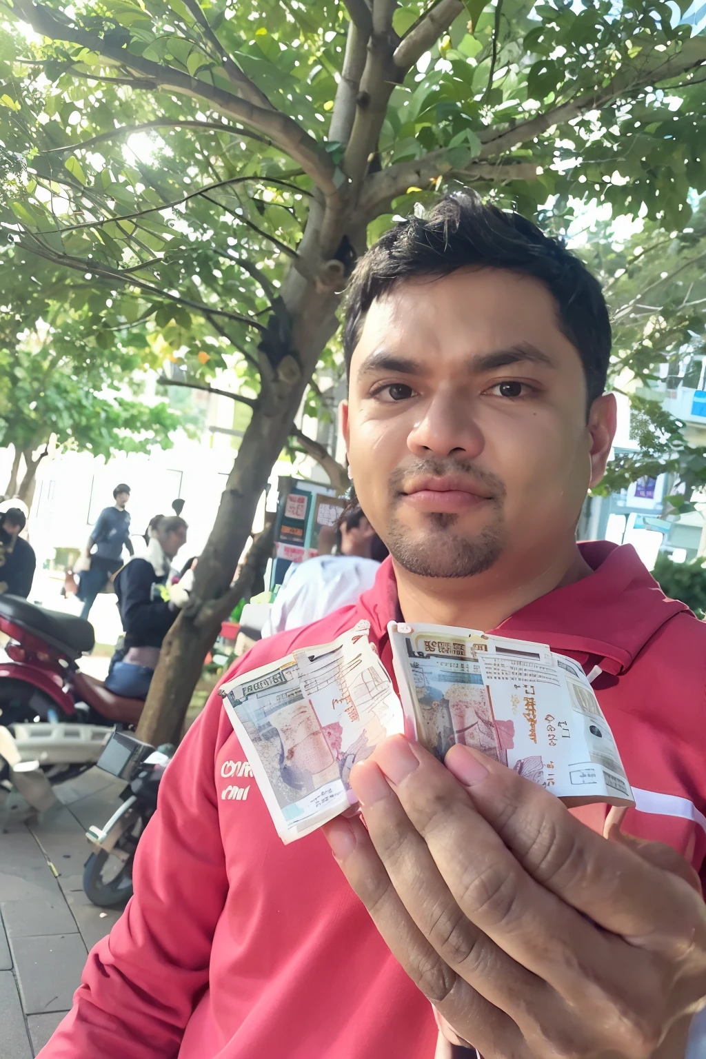 there is a man holding a bunch of money in his hand, faked service ticket, 8k selfie photograph, facebook post, ticket, jayison devadas, faked ticket, exclusive, by Odhise Paskali, very very low quality picture, without helmet, by Milton Menasco, selfie photo, in city street, morning shot, vijay jayant props