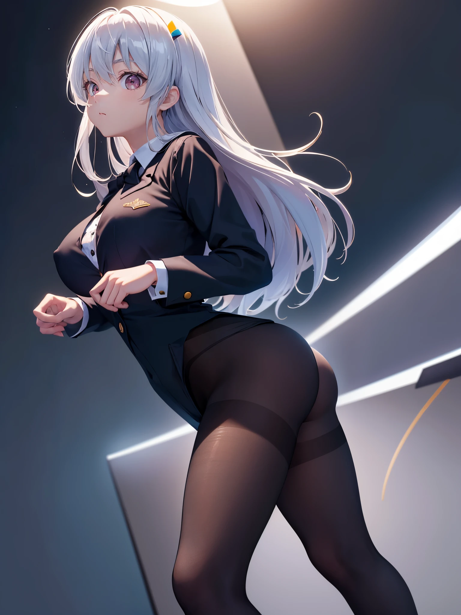 (1 girl),(high quality), (High resolution), (extremely detailed), (8K),(lower body shot),(CG illustration),(A high school girl wearing a magician's uniform),(wearing black pantyhose)not wearing shoes,perfect writing,(Beautifully erect nipple shape),High resolutionの美しい目,(neutral white lighting:1.2),
