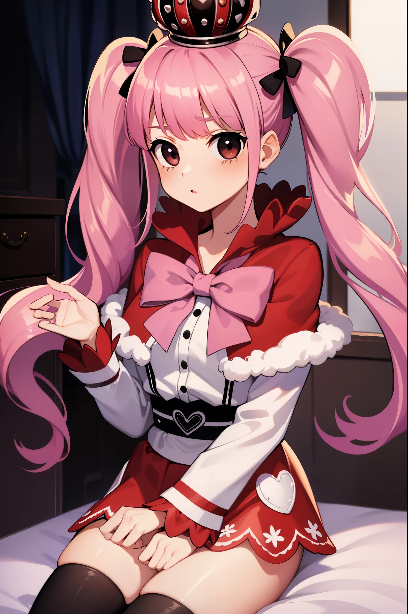 Peronaちゃん, cheems_Perona_V3, pink hair, black eye, dull bangs, drill hair, red lipstick, twin tails, crown, Black and white stockings, red boots, red capelet, White shirt with sleeves, red skirt, perfect anatomy, alone, upper body