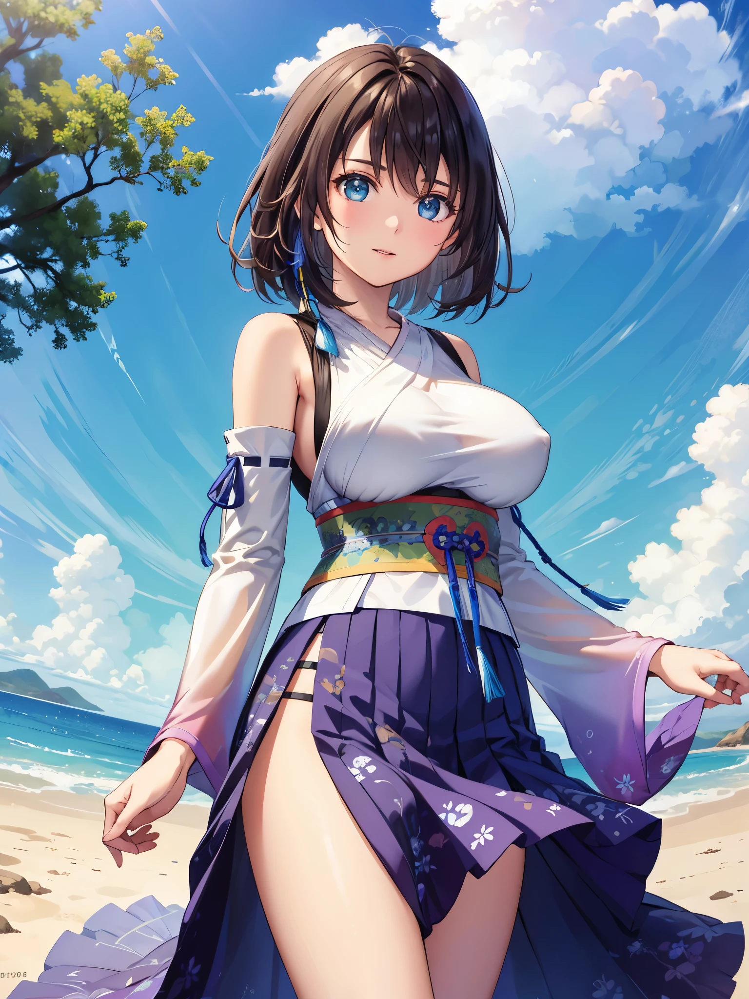 (1 girl),(high quality), (High resolution), (extremely detailed), (8K),(lower body shot),(CG illustration)YunaFFX、heterochromiashort hair,YunaFFX、heterochromia、short hair、YunaOutfit、hair ornaments、Removal sleeve、hakama、band、hakamaスカート、long skirt,(Beautifully erect nipple shape),High resolutionの美しい目,(neutral white lighting:1.2),