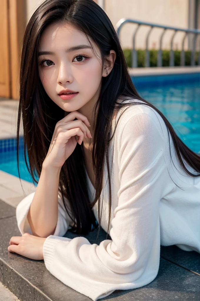 ((Best quality, 8k, Masterpiece :1.3)), 1girl,pool, Pretty woman with slender, Long Hair,Half Smile, Bell Sleeve Sweater,Ultra-detailed face,Leaning Forward, cute eyes, Double eyelid,Lying Down