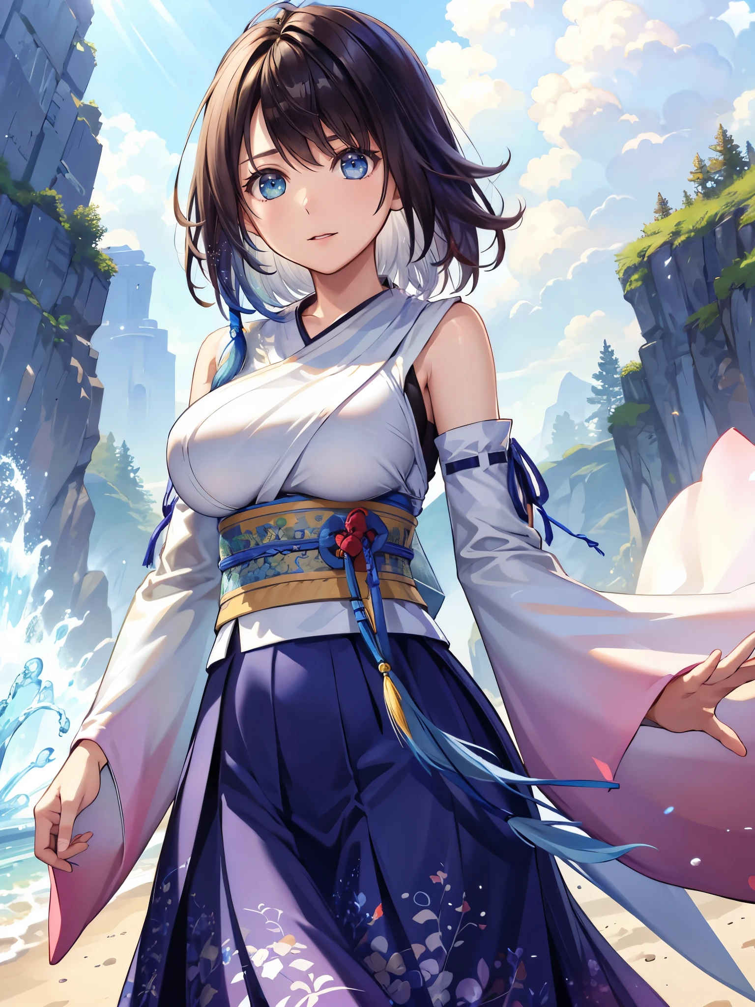 (1 girl),(high quality), (High resolution), (extremely detailed), (8K),(lower body shot),(CG illustration)YunaFFX、heterochromiashort hair,YunaFFX、heterochromia、short hair、YunaOutfit、hair ornaments、Removal sleeve、hakama、band、hakamaスカート、long skirt,(Beautifully erect nipple shape),High resolutionの美しい目,(neutral white lighting:1.2),