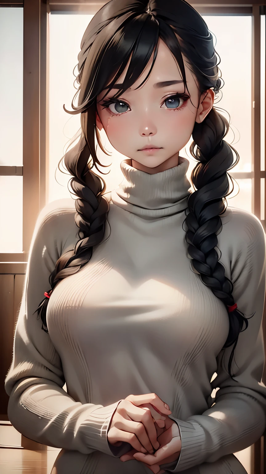 one woman、１4 talents、cozy turtleneck sweater、Upper body angle、Very cute、Perfect good looks、Braid、ash gray hair、glare of the sun、Depth of object being written、blurred background、particles of light、Strange wind、Highest image quality、highest quality、ultra high resolution、master piece