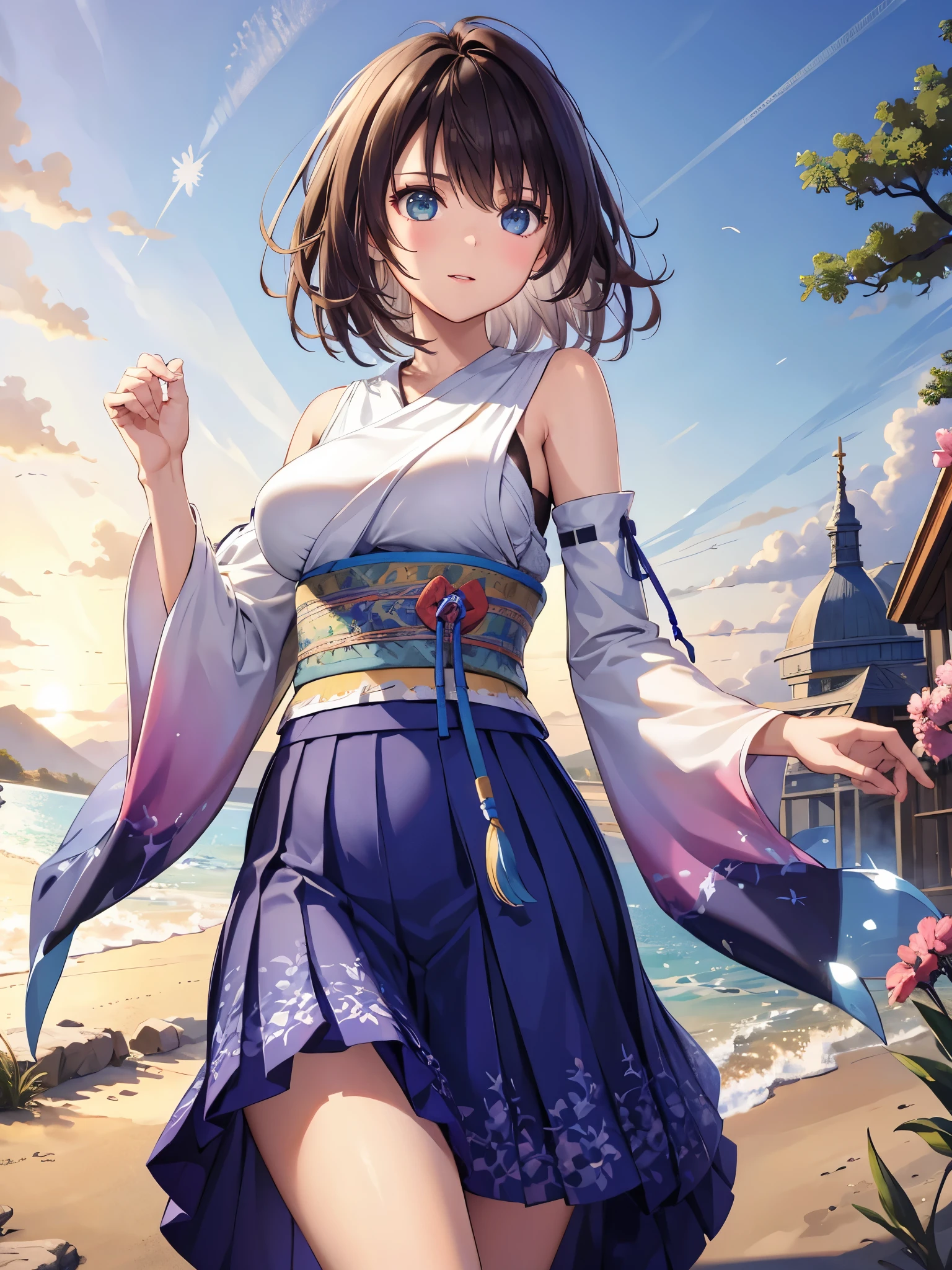 (1 girl),(high quality), (High resolution), (extremely detailed), (8K),(lower body shot),(CG illustration)YunaFFX、heterochromiashort hair,YunaFFX、heterochromia、short hair、YunaOutfit、hair ornaments、Removal sleeve、hakama、band、hakamaスカート、long skirt,(Beautifully erect nipple shape),High resolutionの美しい目,(neutral white lighting:1.2),dancing