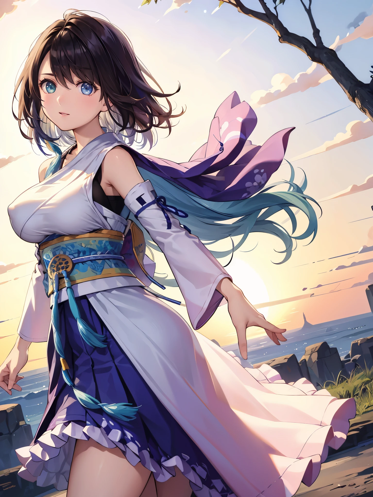 (1 girl),(high quality), (High resolution), (extremely detailed), (8K),(lower body shot),(CG illustration)YunaFFX、heterochromiashort hair,YunaFFX、heterochromia、short hair、YunaOutfit、hair ornaments、Removal sleeve、hakama、band、hakamaスカート、long skirt,(Beautifully erect nipple shape),High resolutionの美しい目,(neutral white lighting:1.2),dancing