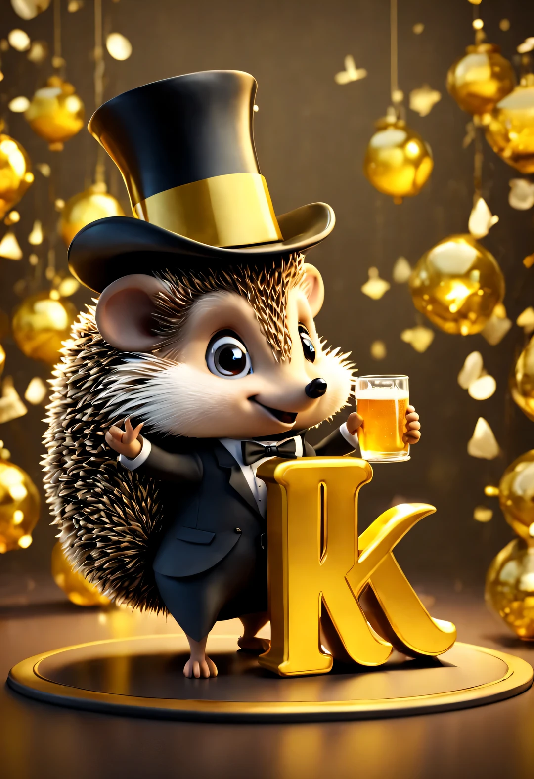 (Kawaii cartoon hedgehog wearing top hat，Wear evening dresses，Holding an oversized beer mug in hand), (Bow to the camera), (There are huge golden letters on the table "1K": 1.37), (many, many large beer glasses), champagne bottle,
tilt and move, cartoon, illustration, 3d rendering,