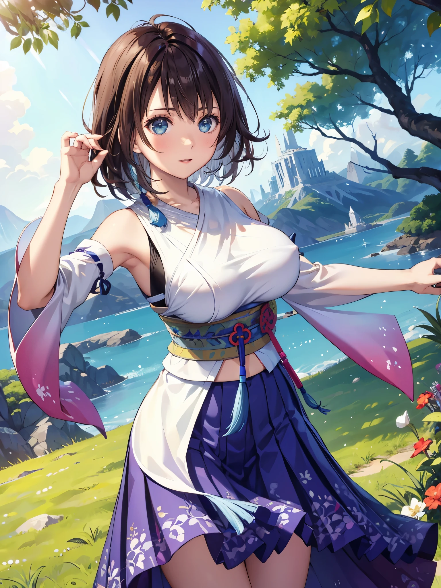 (1 girl),(high quality), (High resolution), (extremely detailed), (8K),(lower body shot),(CG illustration)YunaFFX、heterochromiashort hair,YunaFFX、heterochromia、short hair、YunaOutfit、hair ornaments、Removal sleeve、hakama、band、hakamaスカート、long skirt,(Beautifully erect nipple shape),High resolutionの美しい目,(neutral white lighting:1.2),dancing,Clothes are sheer