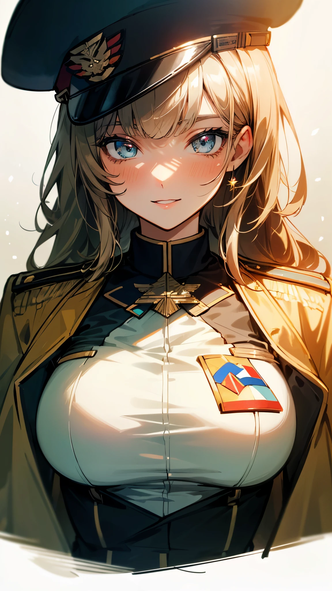 (UHD, retina, masterpiece, accurate, anatomically_correct, textured_skin, super_detail, high_details, high_quality, best_quality, high_res, 1080P, HD, 4K, 8k, 16k), (beautiful_detailed_eyes, beautiful_detailed_lips, extremely_detailed_eyes_and_face), soft_lighting, physically-based_rendering, vivid_colors, (large_breasts:1.5), (shiny_hair, shiny_skin, tanned_skin, blush), (bangs:1.5), eye_reflection, (bokeh, cockpit, science_fiction), smile_and_laugh, (military_cap, military_uniform_coat, rank_insignia, take:1.5),