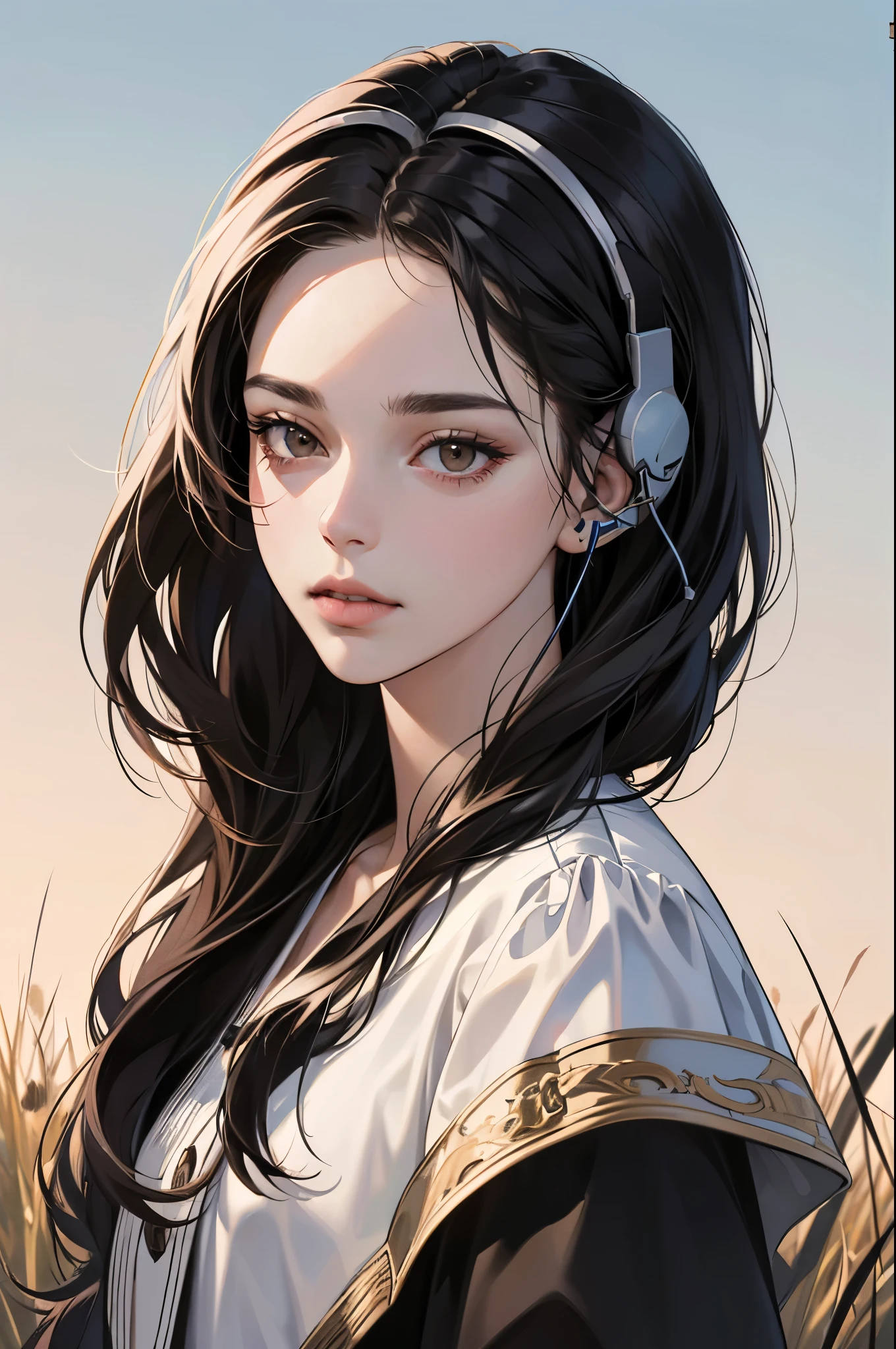 (absurdres, highres, ultra detailed, realistic, ), 1 18year-old,girl, solo, elegance, long black hair, brown eyes, (headphone),sky grass background, ultra - detailed, best quality, Detailed diagram, vectorized, 8K, Graphic design, vector lines, Full-HD,upper body