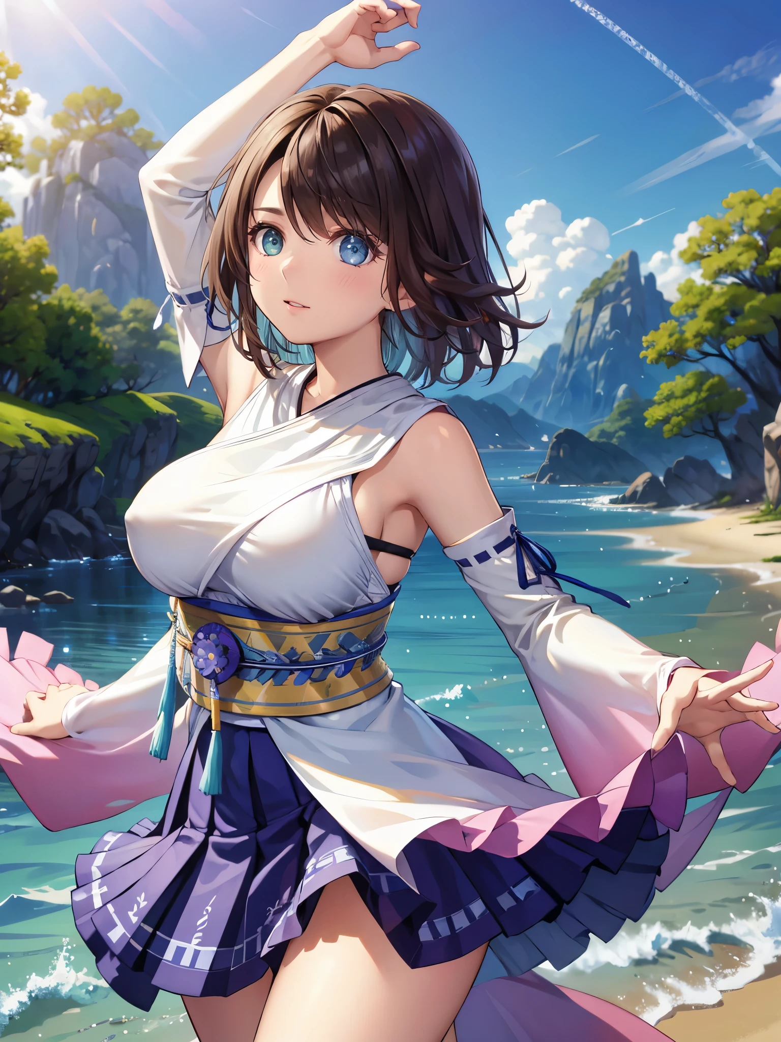 (1 girl),(high quality), (High resolution), (extremely detailed), (8K),(upper body shot),transparent outfit,(CG illustration)YunaFFX、heterochromiashort hair,YunaFFX、heterochromia、short hair、YunaOutfit、hair ornaments、Removal sleeve、hakama、band、hakamaスカート、long skirt,(Beautifully erect nipple shape),High resolutionの美しい目,(neutral white lighting:1.2),dancing,