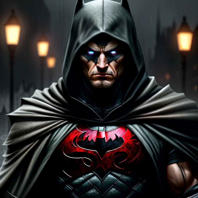 DARK AND BROODING, with defined jawline, muscular physique, cloaked figure, hood obscuring face, intricately detailed armor, bat logo emblem, serious expression, grim determination, cityscape backdrop, gothic architecture, rainy weather, high contrast, HDR photography, best quality, ultra-high definition, 6K resolution, dramatic shadows, sharp details, hyper-realistic, graphic novel aesthetic, gritty textures, unrestrained intensity.

BATMAN AS AN ASSASSIN'S CREED CHARACTER,
(1 character),
detailed,
(photorealistic: 1.6),
nighttime scene,