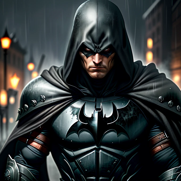 DARK AND BROODING, with defined jawline, muscular physique, cloaked figure, hood obscuring face, intricately detailed armor, bat logo emblem, serious expression, grim determination, cityscape backdrop, gothic architecture, rainy weather, high contrast, HDR photography, best quality, ultra-high definition, 6K resolution, dramatic shadows, sharp details, hyper-realistic, graphic novel aesthetic, gritty textures, unrestrained intensity.
BATMAN AS AN ASSASSIN'S CREED CHARACTER,
(1 character),
detailed,
(photorealistic: 1.6),
nighttime scene,