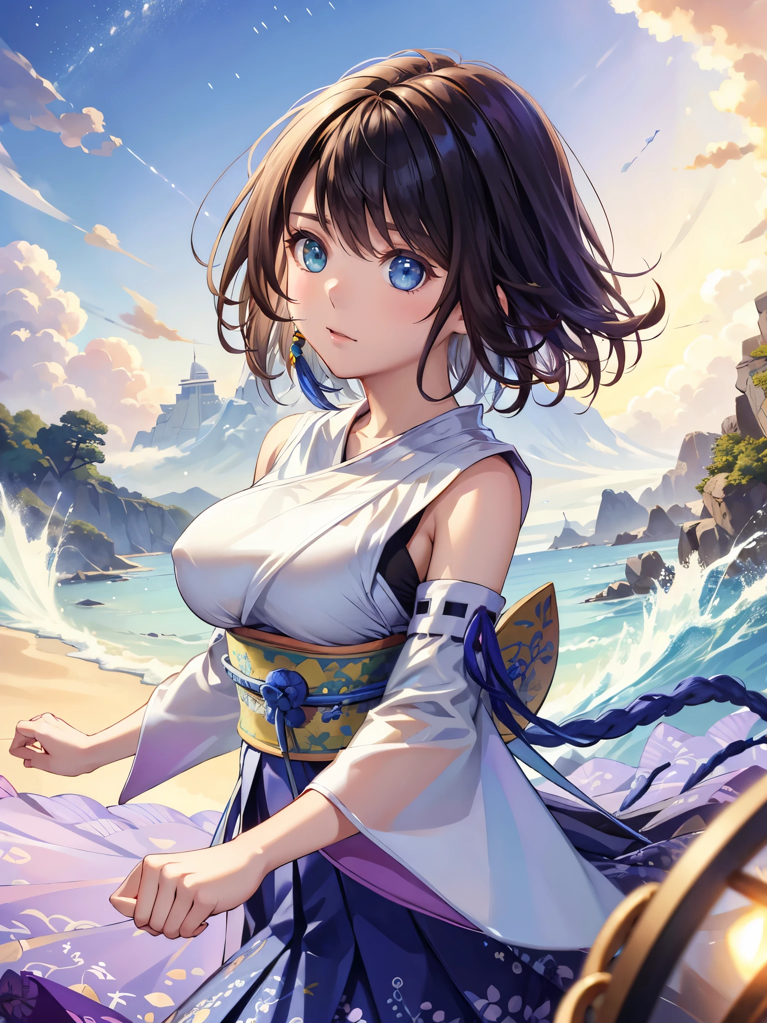 (1 girl),(high quality), (High resolution), (extremely detailed), (8K),(upper body shot),transparent outfit,(CG illustration)YunaFFX、heterochromiashort hair,YunaFFX、heterochromia、short hair、YunaOutfit、hair ornaments、Removal sleeve、hakama、band、hakamaスカート、long skirt,(Beautifully erect nipple shape),High resolutionの美しい目,(neutral white lighting:1.2),dancing,