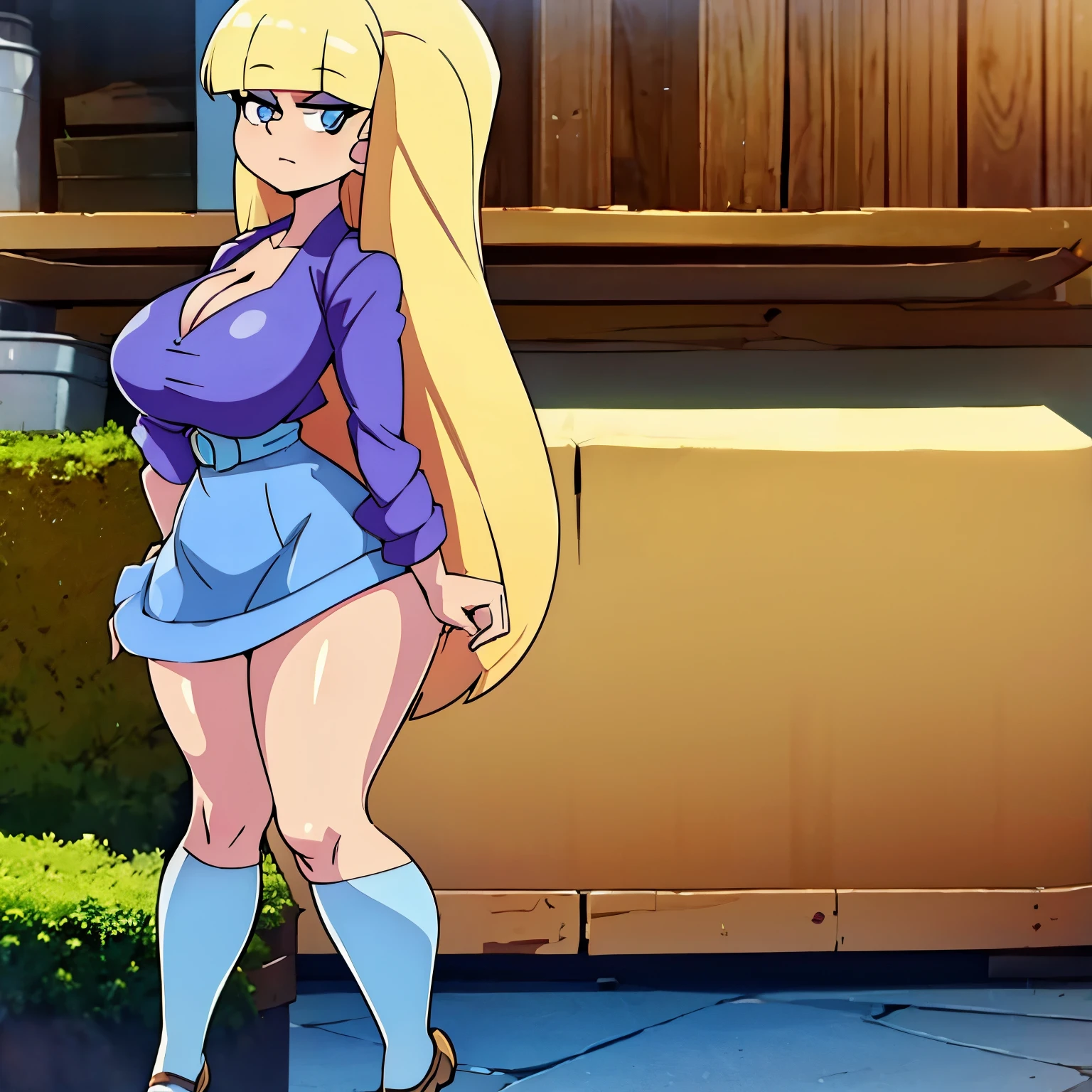 pacifica, massive breasts, cleavage, blonde hair, standing straight, clothes, blue eyes, perfect legs