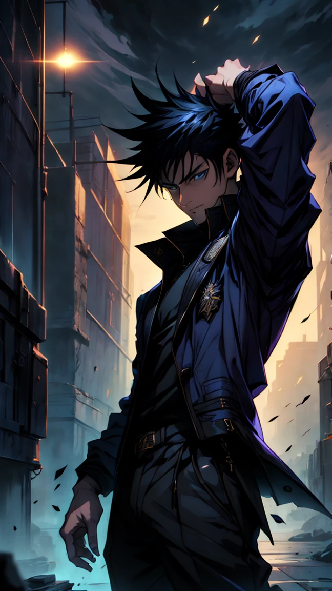 1boy, 175 cm, megumi fushiguro, dark blue eyes, black outfit, black hair with long spikes that jut out in every direction around his head, wearing dark blue jacket over a long-sleeved white dress shirt. His uniform pants match his jacket, dynamic battle pose, blue and dark moon city night background, wallpaper, cinematic,High resolution 8K, Bright light illumination, lens flare, sharpness, masterpiece, top-quality, The ultra -The high-definition, high resolution, extremely details CG, Anime style, Film Portrait Photography,masterpiece,hyperdetail, white and black wolf