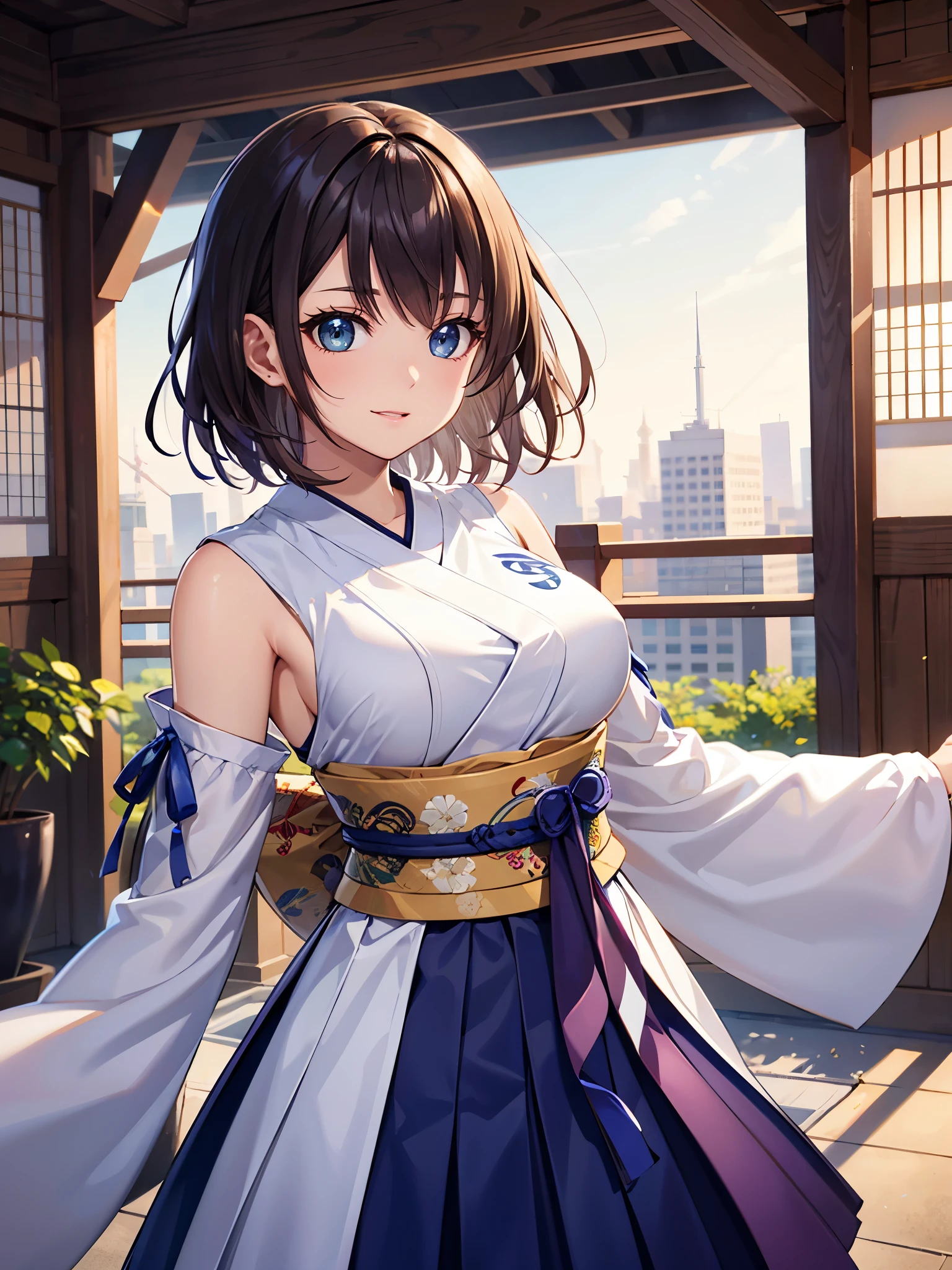 (1 girl),(high quality), (High resolution), (extremely detailed), (8K),(upper body shot),transparent outfit,(CG illustration)YunaFFX、heterochromiashort hair,YunaFFX、heterochromia、short hair、YunaOutfit、hair ornaments、Removal sleeve、hakama、band、hakamaスカート、long skirt,(Beautifully erect nipple shape),High resolutionの美しい目,(neutral white lighting:1.2),dancing,