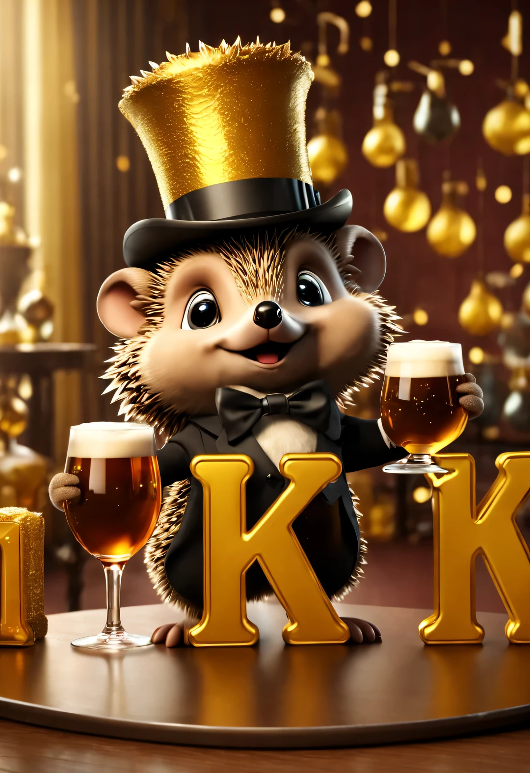 (Kawaii cartoon hedgehog wearing top hat，Wear evening dresses，Holding an oversized beer mug in hand), (Bow to the camera), (There are huge golden letters on the table "1K": 1.37), (many, many large beer glasses), champagne bottle,
tilt and move, cartoon, illustration, 3d rendering,
