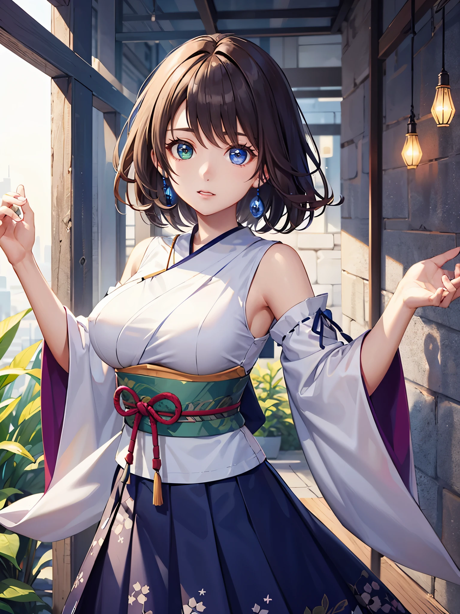 (1 girl),(high quality), (High resolution), (extremely detailed), (8K),(upper body shot),transparent outfit,(CG illustration)YunaFFX、heterochromiashort hair,YunaFFX、heterochromia、short hair、YunaOutfit、hair ornaments、Removal sleeve、hakama、band、hakamaスカート、long skirt,(Beautifully erect nipple shape),High resolutionの美しい目,(neutral white lighting:1.2),dancing,