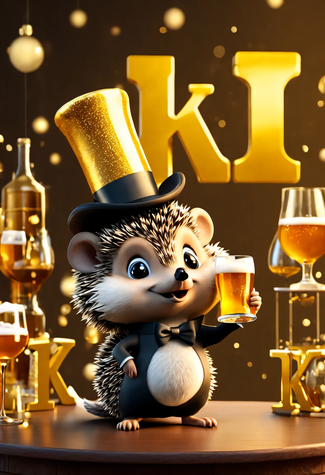 (Kawaii cartoon hedgehog wearing top hat，Wear evening dresses，Holding an oversized beer mug in hand), (Bow to the camera), (There are huge golden letters on the table "1K": 1.37), (many, many large beer glasses), champagne bottle,
tilt and move, cartoon, illustration, 3d rendering,