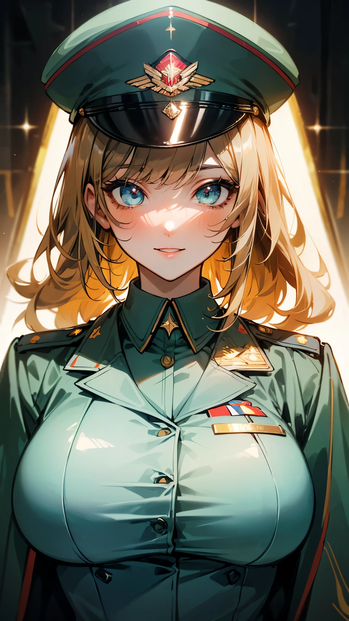 (UHD, retina, masterpiece, accurate, anatomically_correct, textured_skin, super_detail, high_details, high_quality, best_quality, high_res, 1080P, HD, 4K, 8k, 16k), (beautiful_detailed_eyes, beautiful_detailed_lips, extremely_detailed_eyes_and_face), soft_lighting, physically-based_rendering, vivid_colors, (large_breasts:1.5), (shiny_hair, shiny_skin, tanned_skin, blush), (bangs:1.5), eye_reflection, (bokeh, cockpit, science_fiction), smile_and_laugh, (military_cap, military_uniform_coat, rank_insignia, take:1.5),