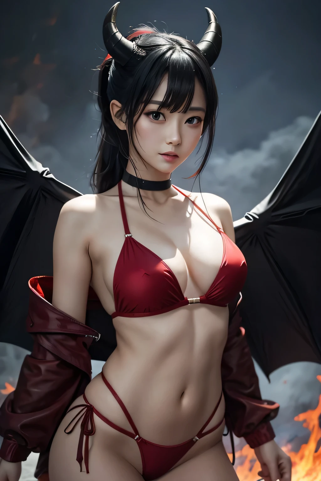Female Devil、bat wings、break、black horns、british、black hair ponytail、break、red bikini、The background is darkness and fire