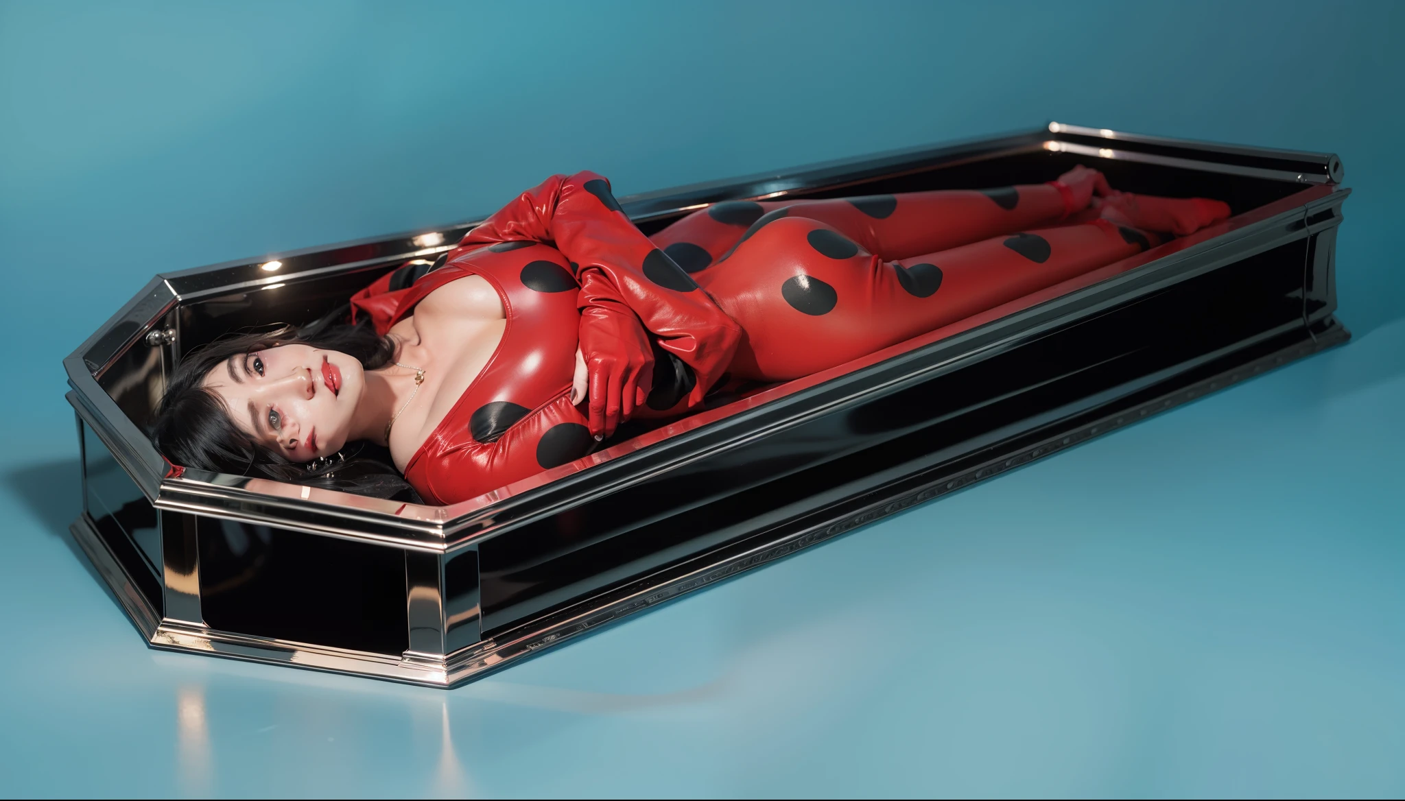 ladybug wearing red glossy costume with black dots, black glossy coffin, glossy hair, spotlight, rim light, detailed fabric textures, glossy costume, reflective, best quality, 4k, masterpiece:1.2, ultra-detailed, realistic, vivid colors, dark and moody lighting, The image of the highest quality, ensuring every detail showcased perfectly. It in 4k resolution, allowing viewers to immerse themselves in the richness of the colors and intricate details. The realistic rendering. under the spotlight, reflecting, high-resolution image, realistic rendering, dark background, and rim light.
