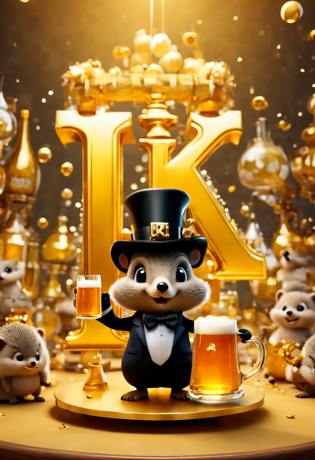 (Kawaii cartoon hedgehog wearing a top hat, exquisite high-end gauze skirt, holding an oversized beer mug), (Bow to the camera), (There is a huge golden letter on the table "1K": 1.37), (many, many large beer glasses), champagne bottle,
tilt and move, cartoon, illustration, 3d rendering,